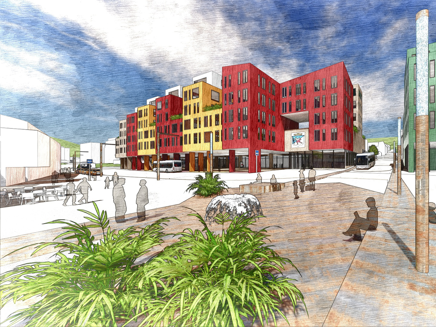 Skystasjon, ny bebyggelse over ny park. kjeller