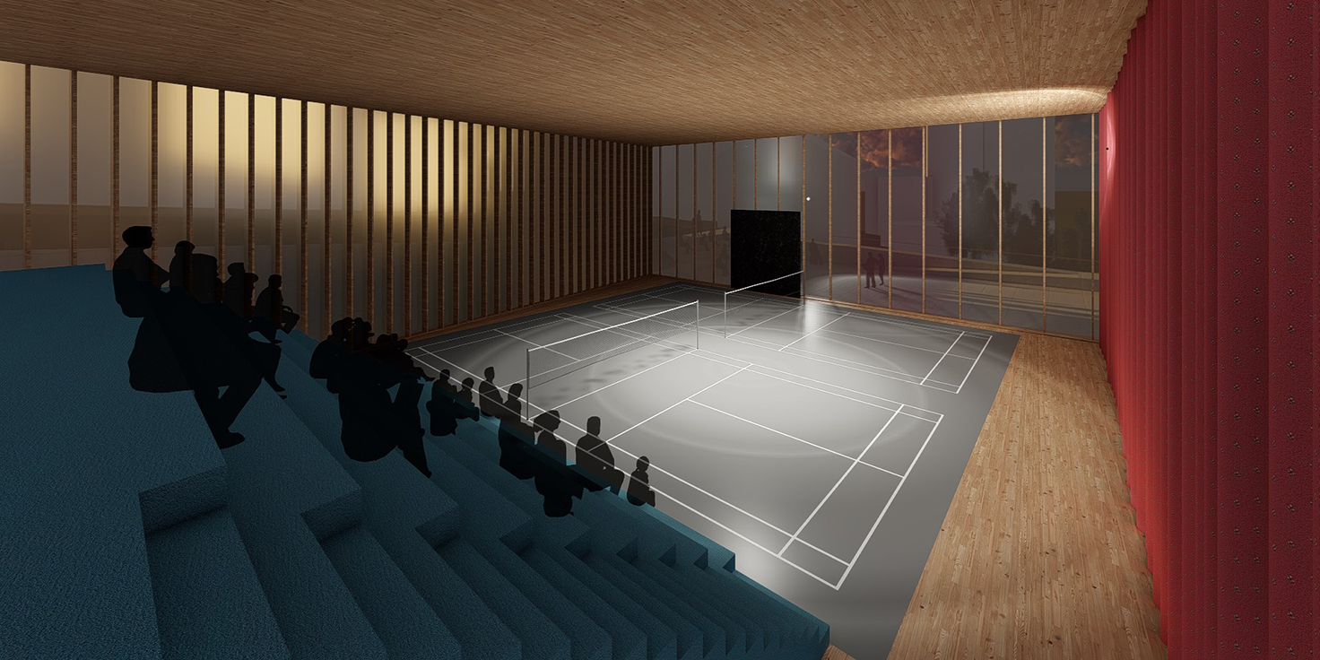 Med tribuner og to badmintonbaner